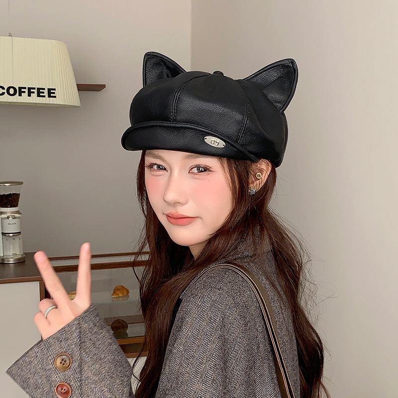 2025猫耳朵皮质贝雷帽女韩系甜美百搭鸭舌八角帽时尚画家报童帽|undefined