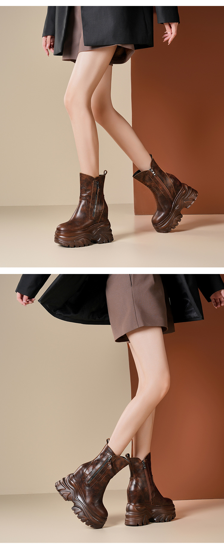 Boot nữ cổ thấp đế tăng chiều cao 14 cm phong cách cổ điển, dáng ôm chân, mũi tròn — Lót nhung đen chi tiết 7