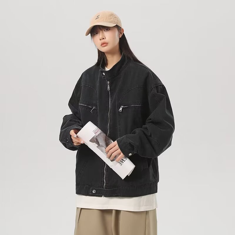 アメリカのレトロな水洗いの短いデニムのコートの男性の春秋の小さい大衆の設計の立襟のヴィンテージのハリントンジャケット