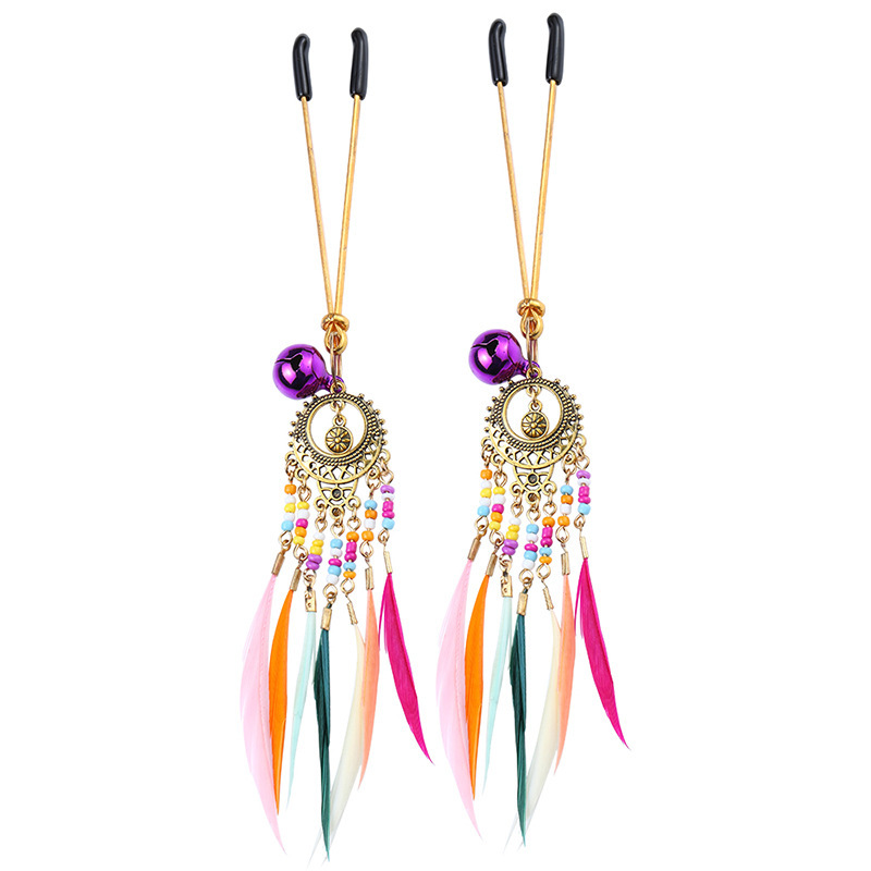 Vintage Metal Nipple Clamps with Feather Tassels, Bohemian Style Pair — detail image 16