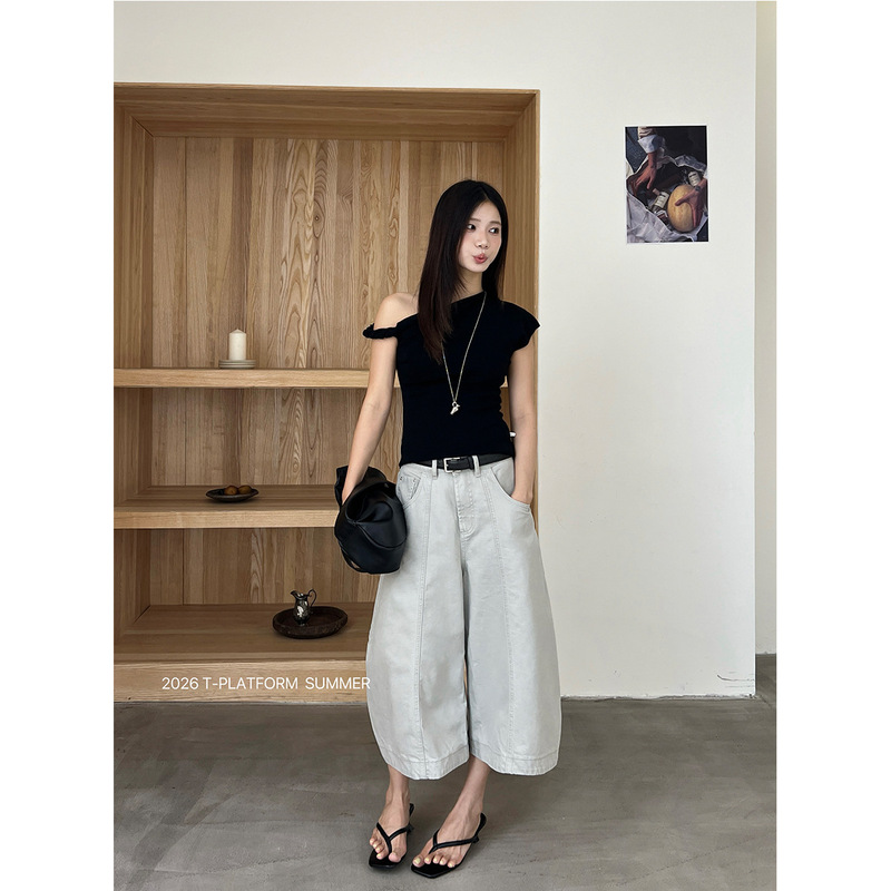 T-Platform Summer 3D Cut Cropped Jeans for Petite Women, Comfortable High-Quality Balloon Pants 68285