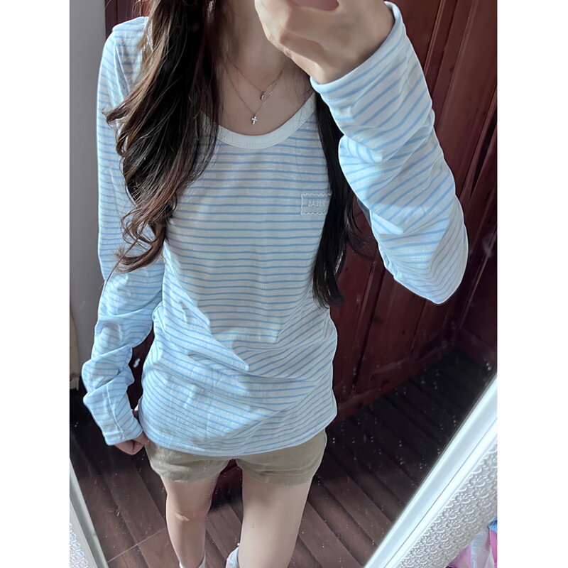 Yarn-dyed transparent striped summer thin versatile round-neck blue and white striped long-sleeve t-shirt for women, loose-fitting sun protection top