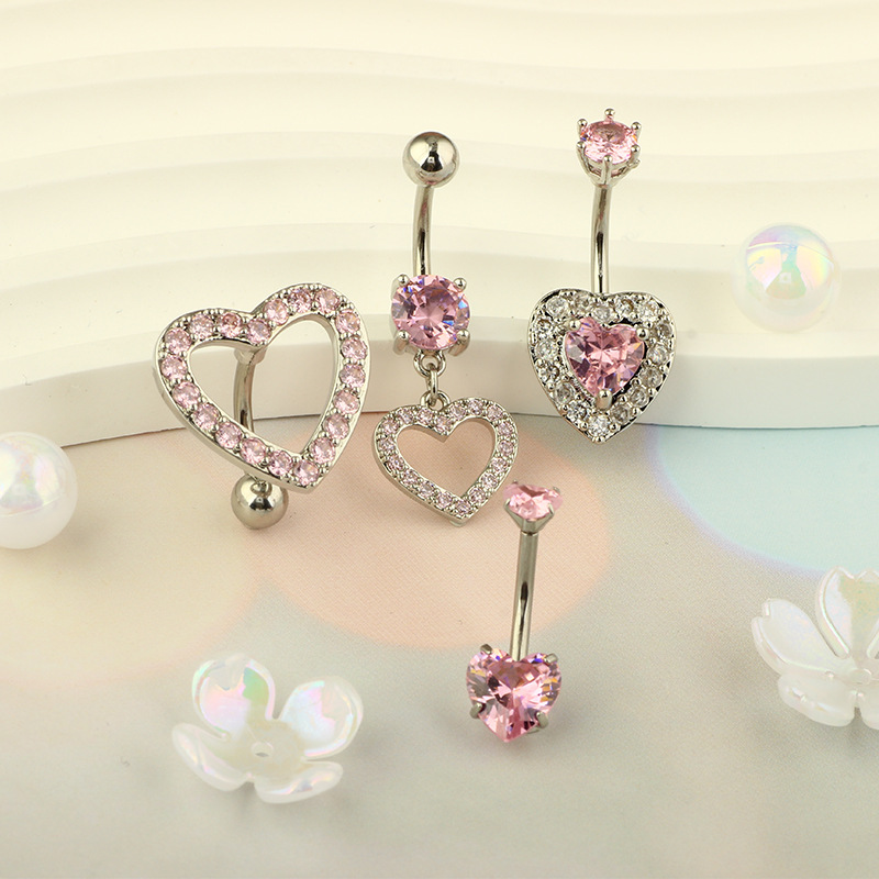 316L Stainless Steel Material Heart Shape Pattern Women's Gender 1 Piece 1 Set 316L Stainless Steel Zircon Belly Rings Heart Shape Waterproof Non Tarnish Surgical Steel Belly Rings Women's