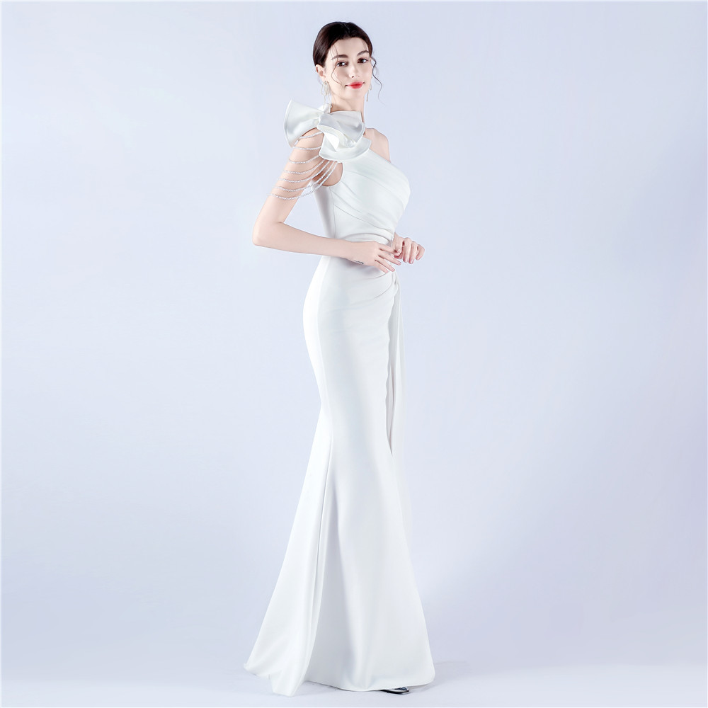 Women Clothing Heavy Industry Beads Handmade Artistic Floral Pleated Craft Satin off the Shoulder High Fork Evening Dress