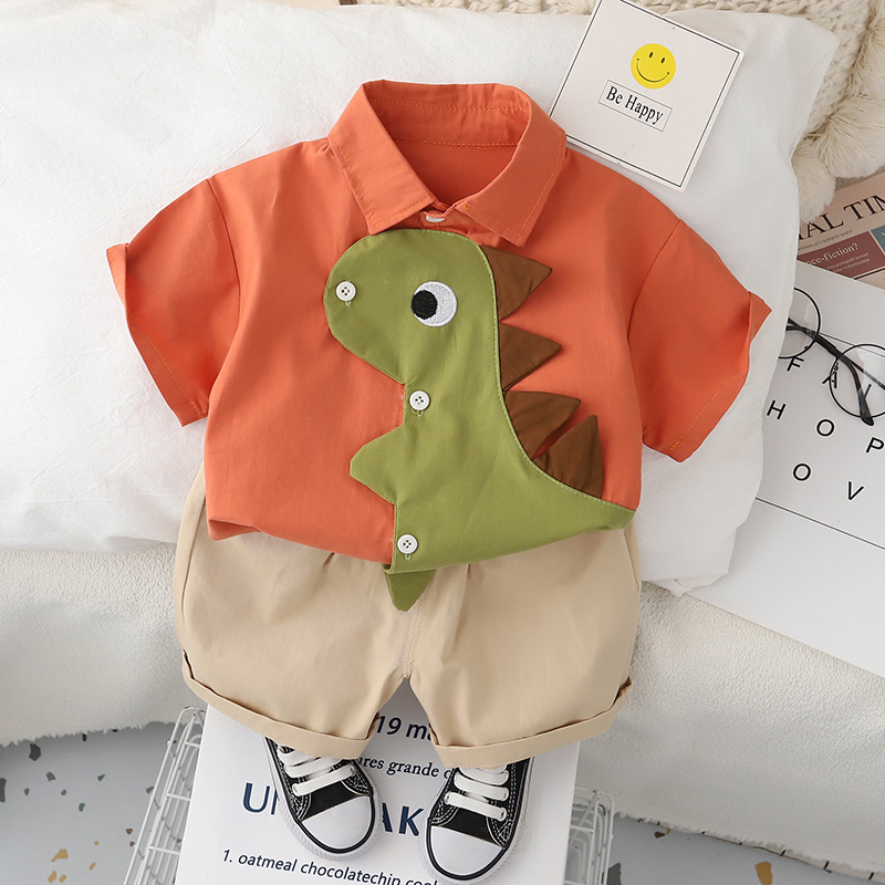 Short-sleeved dinosaur shirt set orange