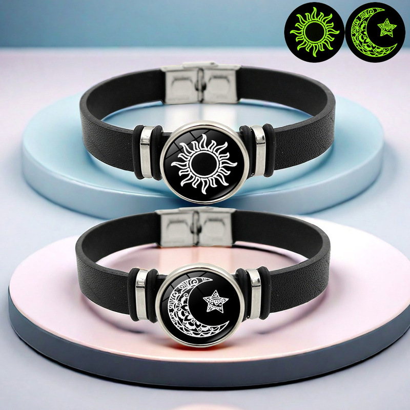 Sun Moon Lovers Couple Leather Luminous Bracelet Wholesale Cross-border Explosive Sun Moon Hand Jewelry Men and Women Joker