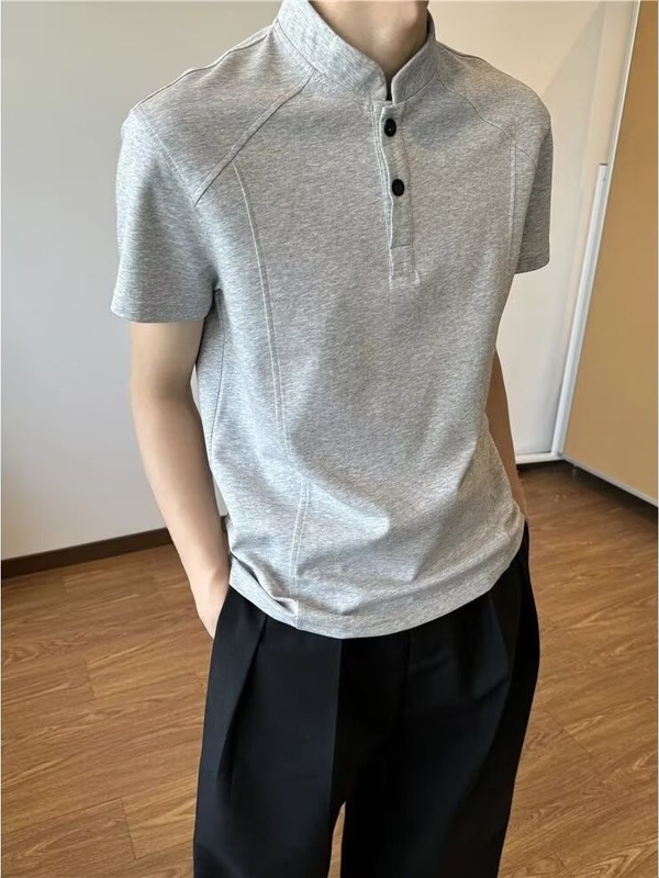 灰色亨利领短袖polo衫男款夏季新款美式复古拼接解构立领半袖上衣|undefined