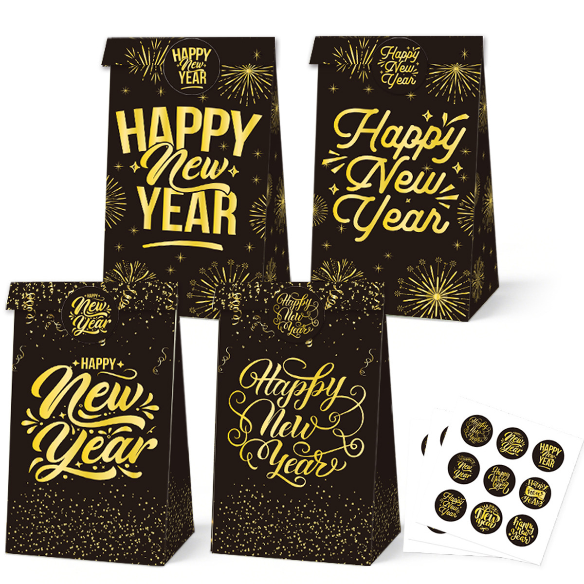 跨境新年黑金糖果纸袋Happy new Year派对装饰礼品礼物包装袋定制