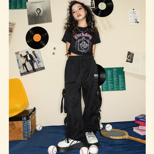 Girls' Short-Sleeve Retro Jazz Dance Costume Set: Black Work Pants and T-Shirt, Perfect for Young Performers