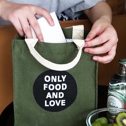 Simple ins style new lunch bag drawstring lunch insulated meal bag canvas water-repellent practical picnic bag