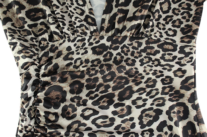 Sexy Leopard Print Printed V neck Sexy Pleated Nipped Waist Slim Tall Looking Split Dress
