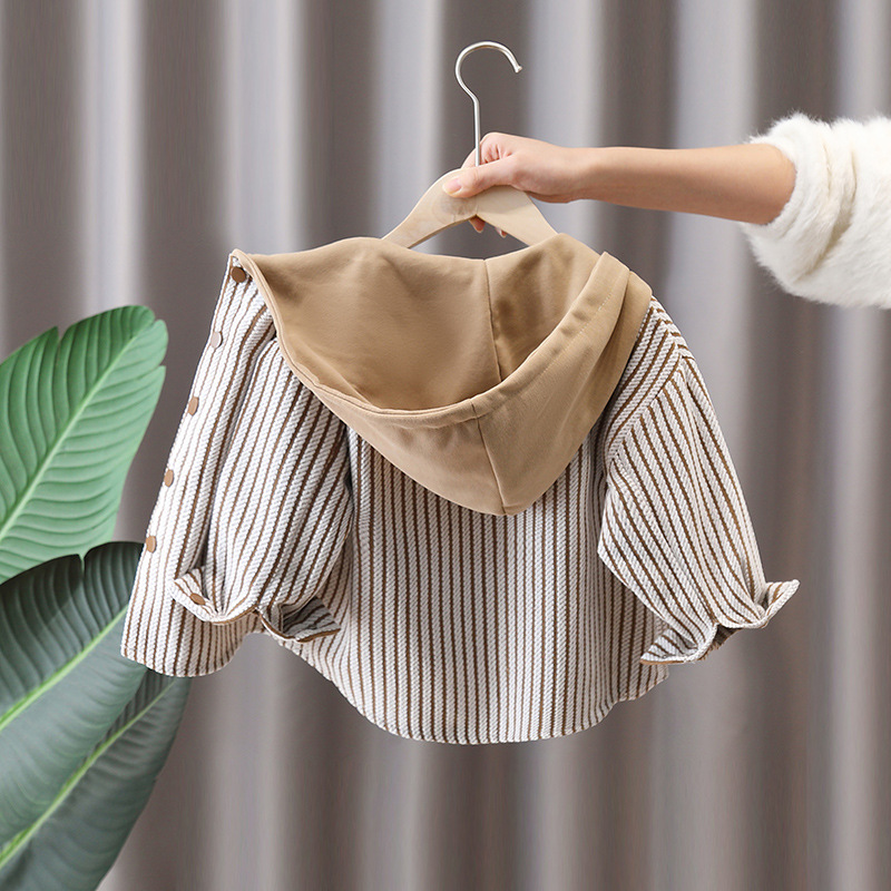 7636 Chaqueta con capucha para niños Camisa a rayas de primavera y otoño de estilo occidental 2025 nueva camisa de manga larga para niños de primavera