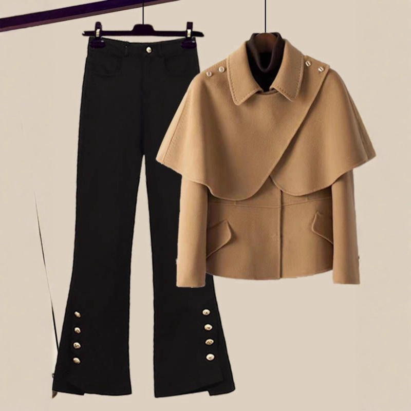 2025 Autumn and Winter New Korean Style Retro Design Splicing Suit Jacket and Bootcut Jeans Fashion Two-Piece Set