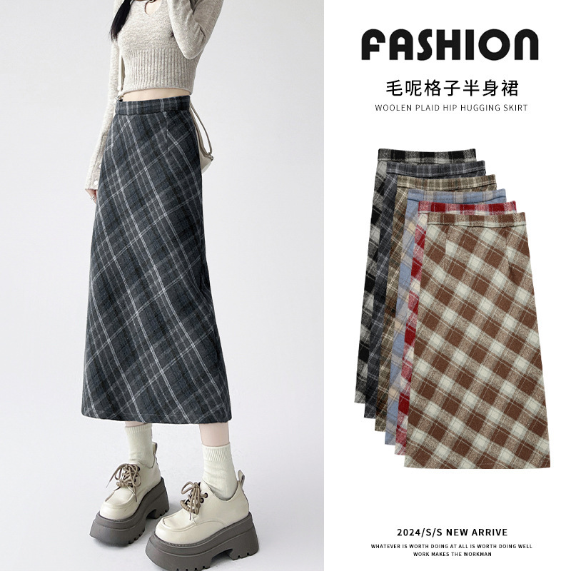 Plaid Woolen Skirt Spring & Fall Retro High-Waisted Loose Slimming Look Mid-Length A-Line Skirt Slim Hip-Hugging Long Skirt