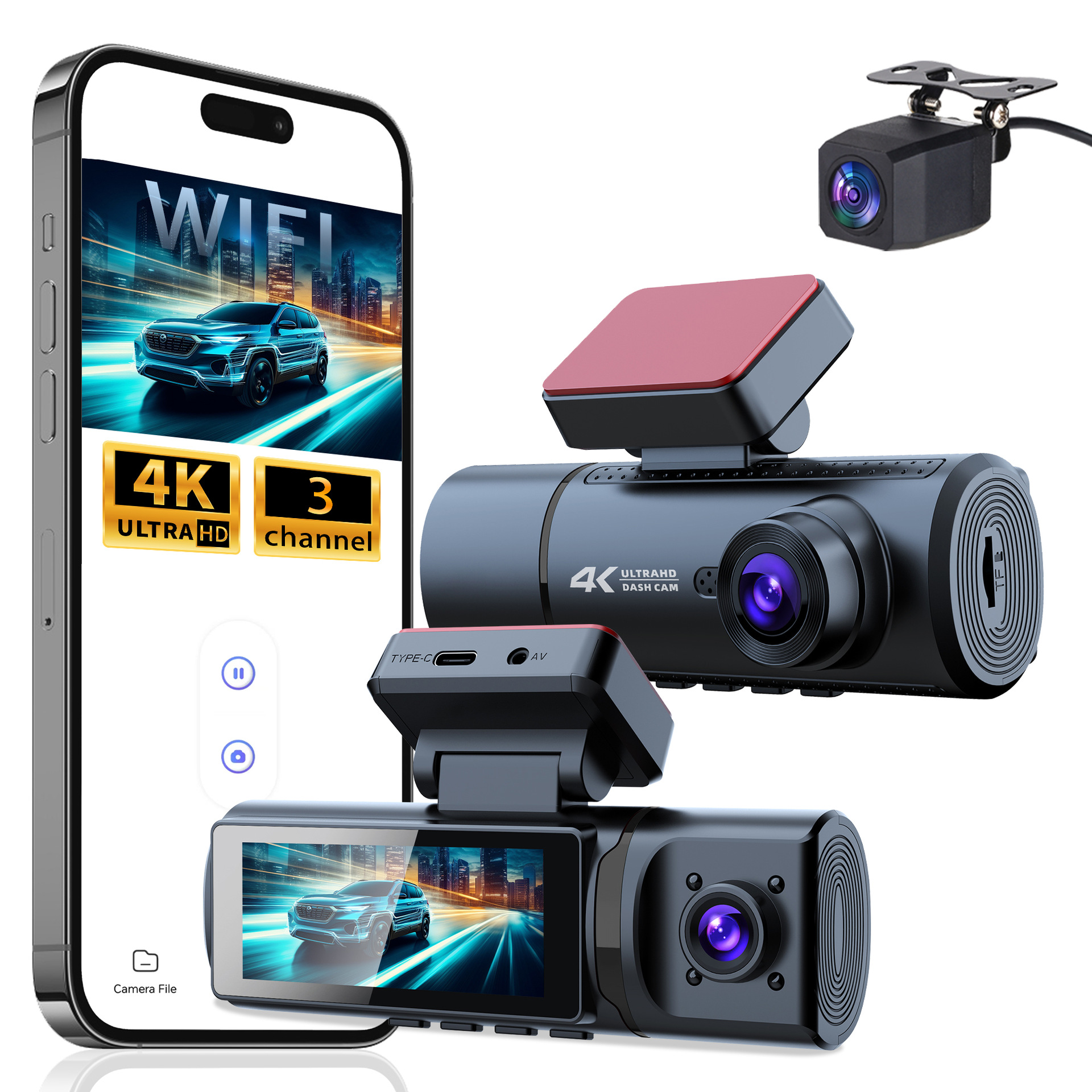 Night Vision Three-Lens 4K Wifi Connected Parking Monitoring Reversing Video Dash Cam 24-Hour Parking Monitoring