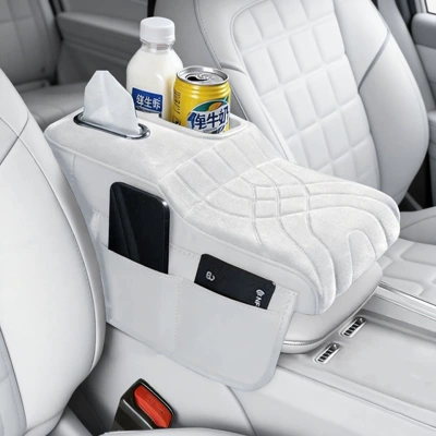 Car Armrest Box Pad Storage Armrest box pad - colorful-cup-plush-style-white