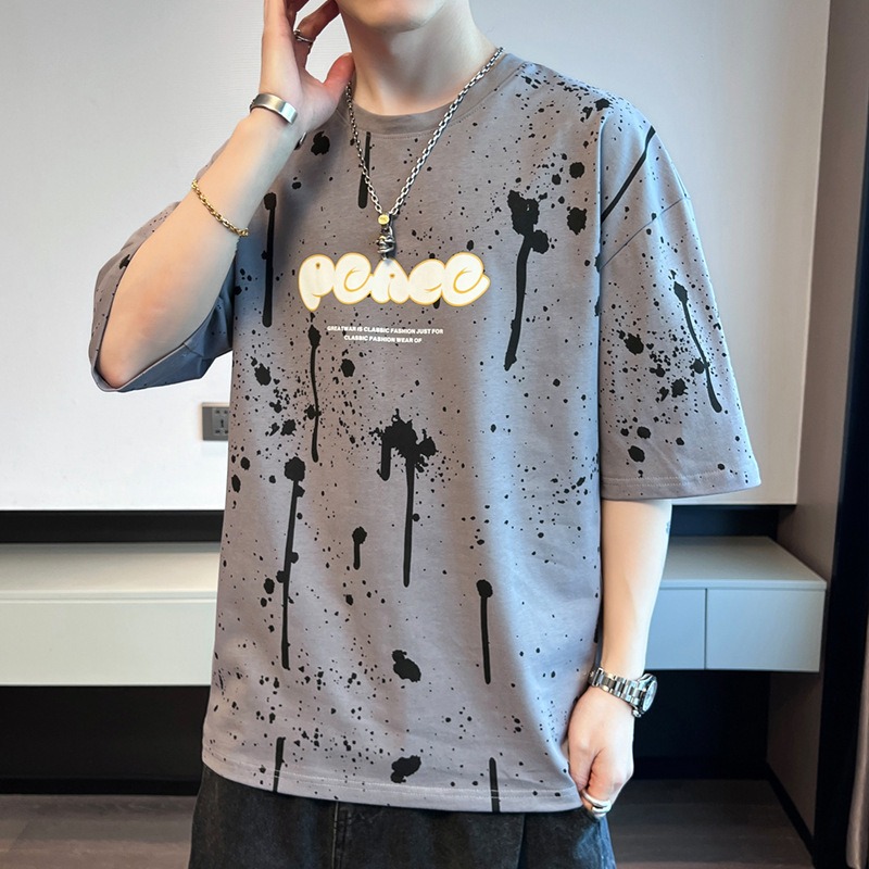 Camiseta de algodón de manga corta para hombres de verano nueva moda suelta cuello redondo medio manga casuales marca de tendencia puerto camisa de manga de cinco puntos