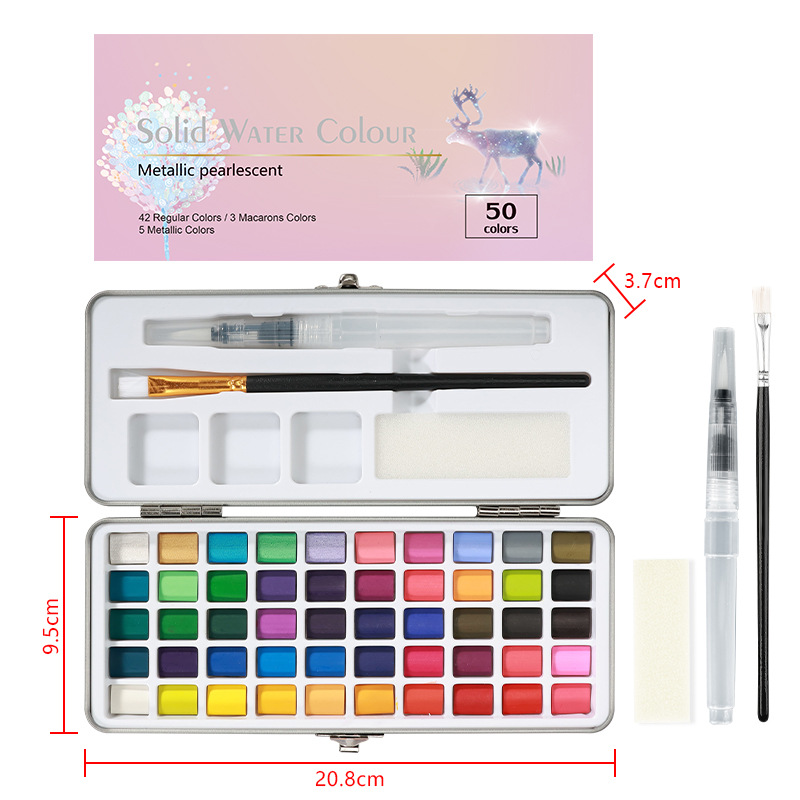 Transfronterizo 50 colores 72 colores 90 colores 100 colores sólido acuarela pintura traje de metal nacarado caja de hierro arte pintura