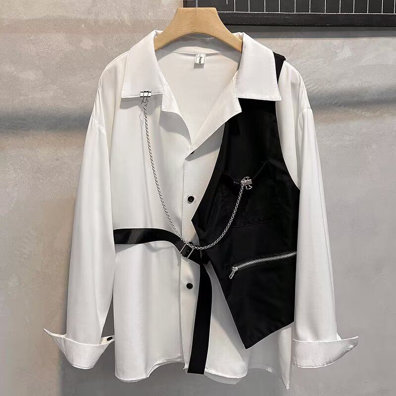 Personalized Design Sense Vest Stitching Contrast Color Thin Long-Sleeved Necklace Shirt Men's High Street Outer Wear Top Ins Shirt