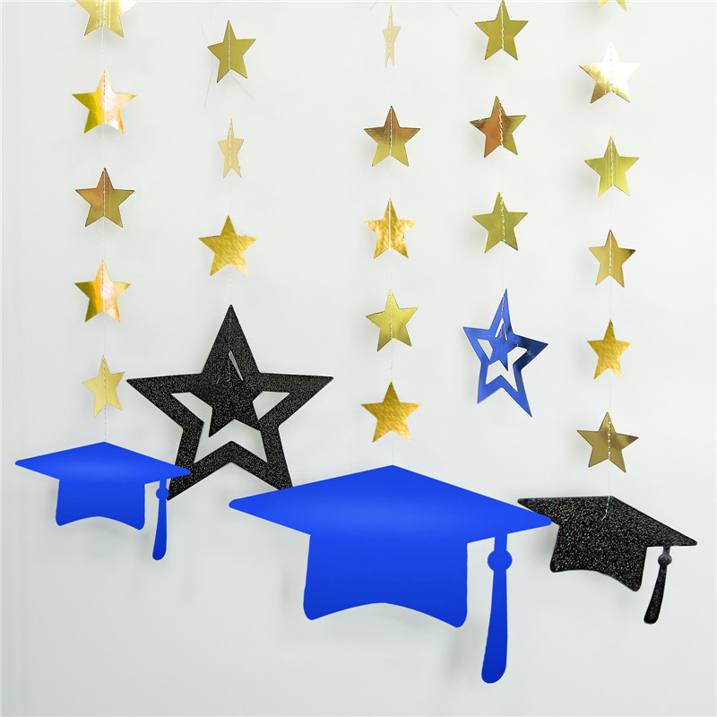 Barnes and noble graduation ceremony classroom stage corridor stairs graduation caps flags hanging decorations black blue red
