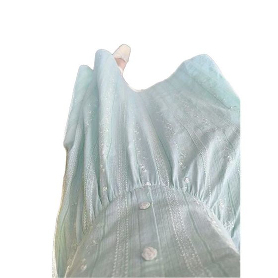 | Rose Cream Green | Homemade French Retro Waisted light green Embroidered Cotton and Linen dress Summer Short-sleeved Long Dress