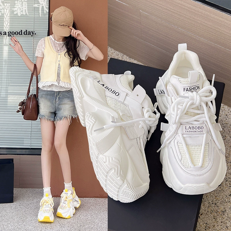 Кроссовки в стиле «dad shoes» для девочек, новинка 2025 года, весна-лето, на толстой подошве, белые, дышащие, сетчатые, подходят к юбкам, студенческие, модные