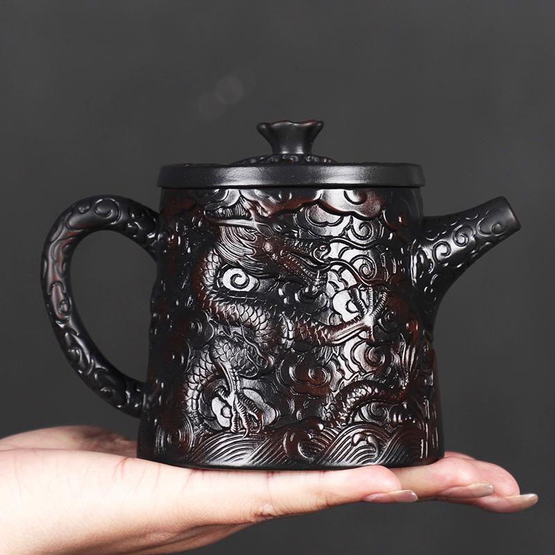 建水紫陶茶壶茶具全手工雕刻祥龙秦权壶紫陶壶泡茶专用家用泡茶壶