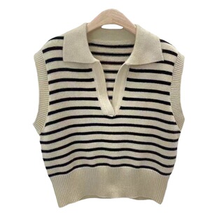 Striped Lapel Knitted 2023 Autumn New Color Matching Short Vest Korean Style Loose Waistcoat Outer Vest Sweater