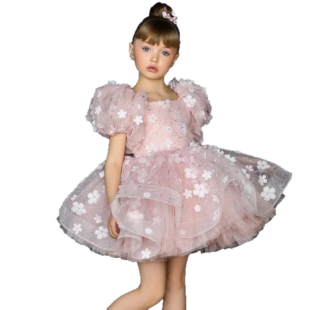 Robe de princesse rose pour petites filles, style français, manches courtes, tutu, idéale pour les anniversaires et les fêtes d'enfants. 【Prévente | Livraison sous 15 jours】_voghion.com