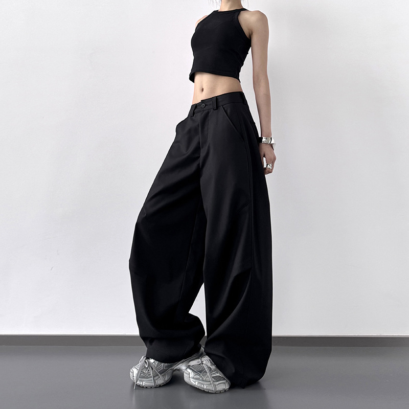 American Retro Commuter Versatile Black Straight Wide-Leg Trousers for Women Loose Straight High-End Floor-Length Casual Trousers