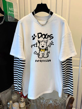 韩国东大门200斤大码假两件拼接条纹德绒长袖上衣打底衫女春秋T恤