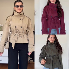 跨境欧美女装速卖通爆款时尚休闲双排扣系带风衣短外套