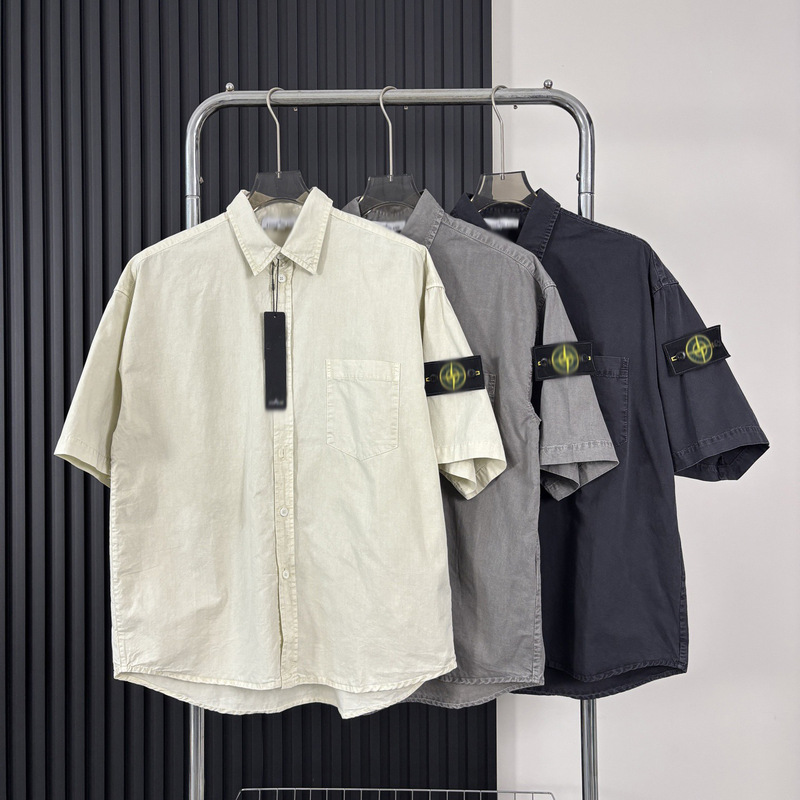 Cross-Border Stone Short-Sleeve Shirt Summer Washed Vintage Casual Style Solid Color Shirt Workwear Top for Men Cross-Border Stone Short-Sleeve Shirt Summer Washed Vintage Casual Style Solid Color Shirt Workwear Top for Men