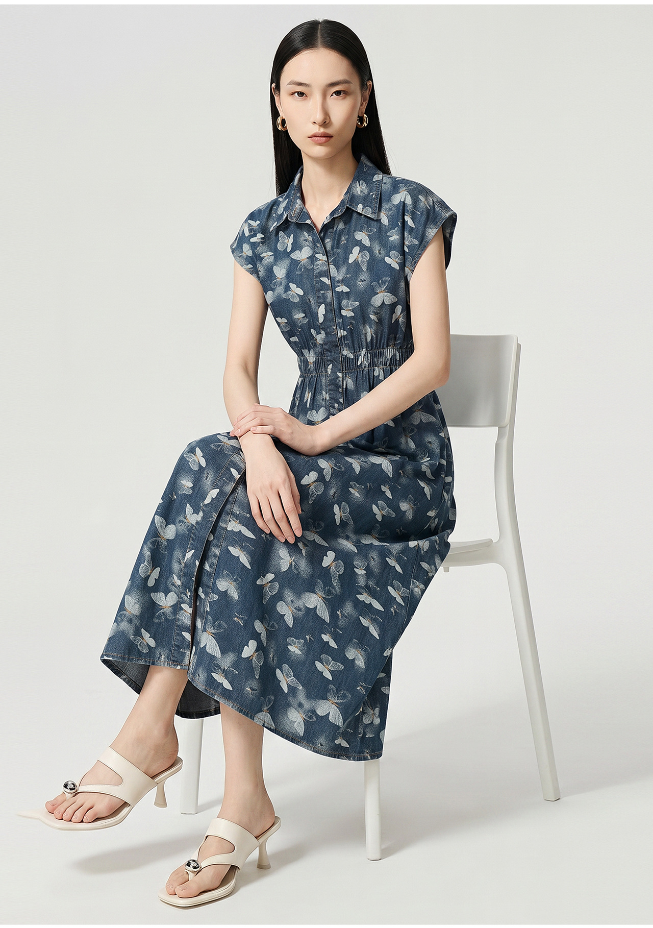 Đầm maxi nữ in họa tiết hoa bướm chất denim nhẹ thắt eo — Cao bồi xanh chi tiết 4