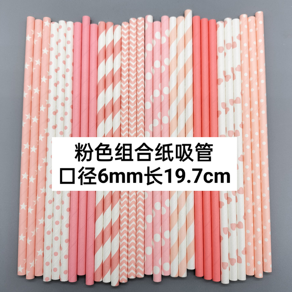 Paja de papel rosa desechable degradable paja de papel postre fiesta decoración paja hecha a mano asta de bandera tubo