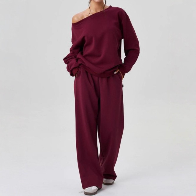 Asymmetrical Off-Shoulder Activewear Set – Trendy Two-Piece Outfit With Sporty Chic Pants For Women (Gray, Coffee, Burgundy, Beige, Black)_ecoleips.com