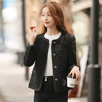 Черная осенняя короткая модная куртка, высокого качества, стиль Chanel, западный шик, круглый воротник