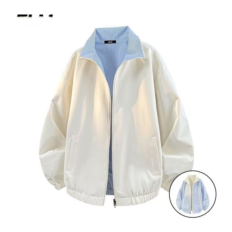 外套春秋季潮流格子新款休闲宽松夹克百搭双面潮牌立领情侣上衣男