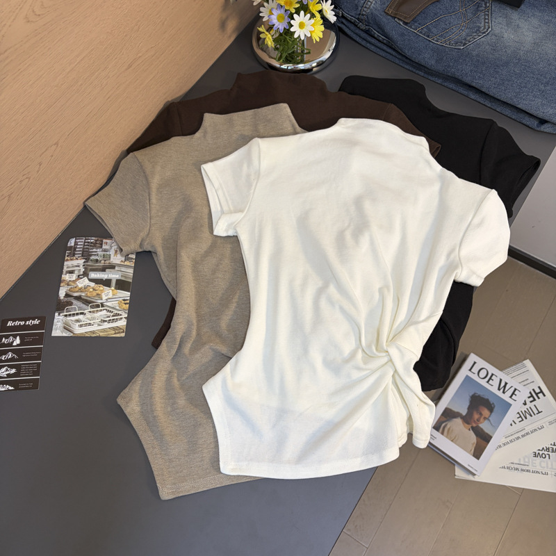 Real shot of 2026 autumn elegant Korean-style mid-high collar twisted waist short-sleeve T-shirt with shoulder pads, cotton top for women Real shot of 2026 autumn elegant Korean-style mid-high collar twisted waist short-sleeve T-shirt with shoulder pads, cotton top for women