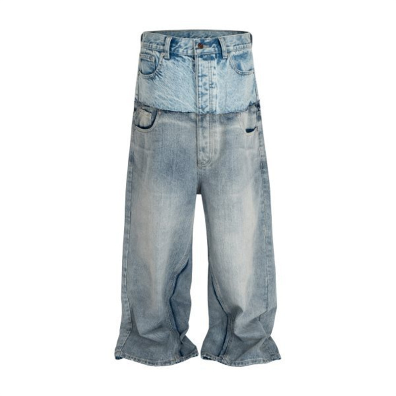European and American High Street Foreign Trade Old Washed Wide-leg Loosening Pants Double Waist Stitching Old Jeans Jeans