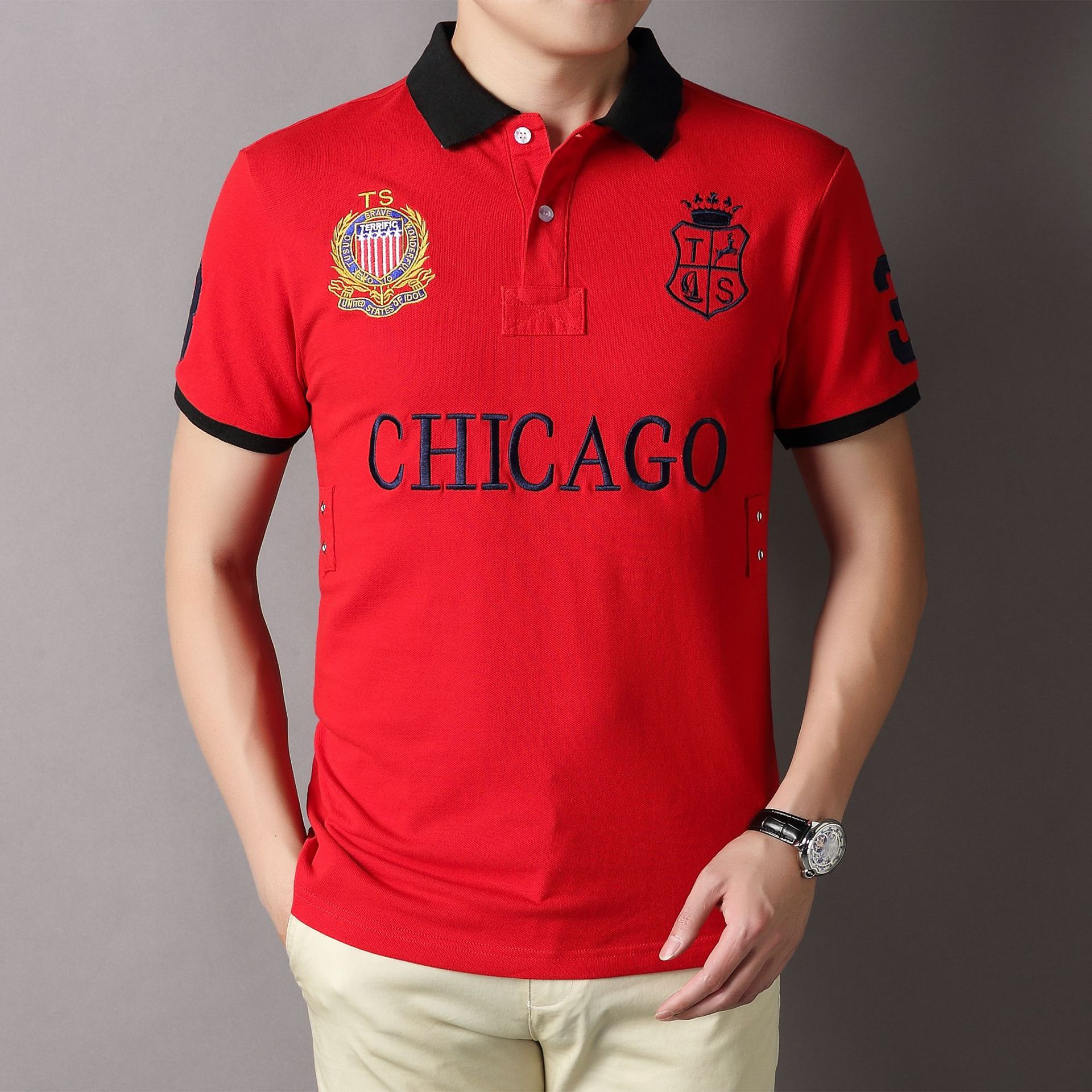 New polo shirt men short sleeve Chicago royal leisure sports color pure cotton embroidery European code cross-border foreign trade