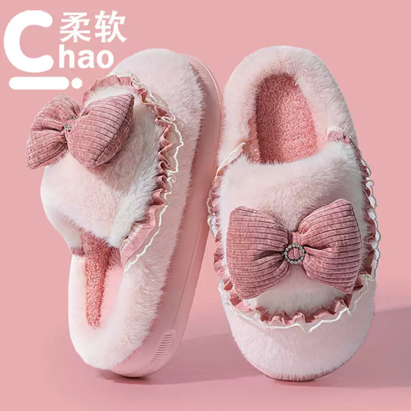 Demi-season keep warm slippers with bow