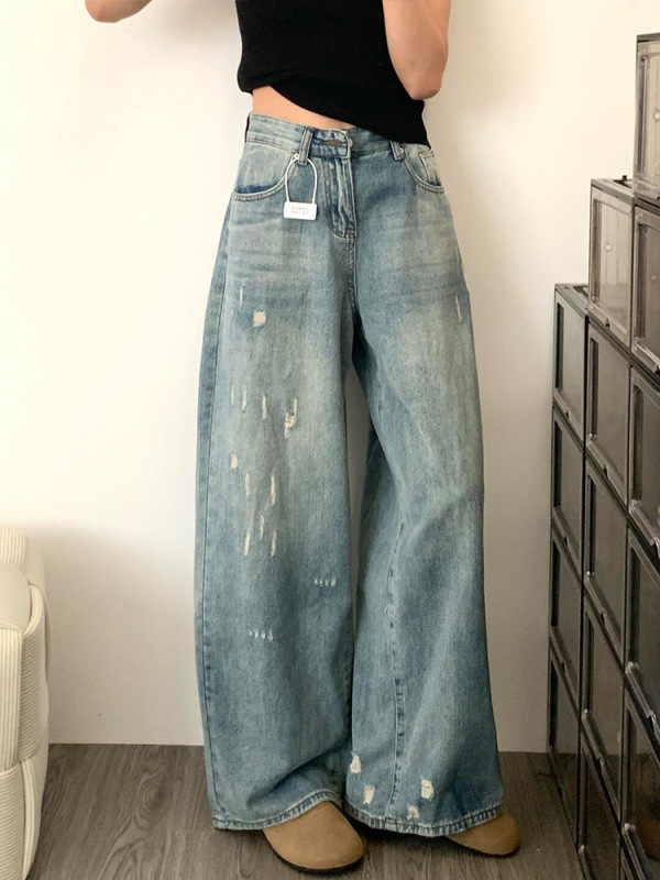 大码破洞牛仔裤女春季胖妹妹宽松显瘦直筒裤子女设计感小众阔腿裤|undefined