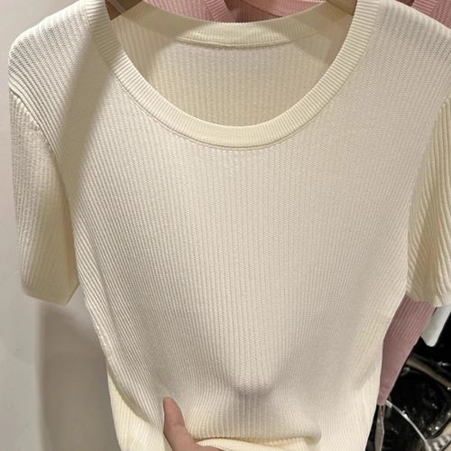 Ice silk round neck sweater short-sleeved solid color T-shirt for women 2025 summer new top stretch slim fit pit strip base shirt