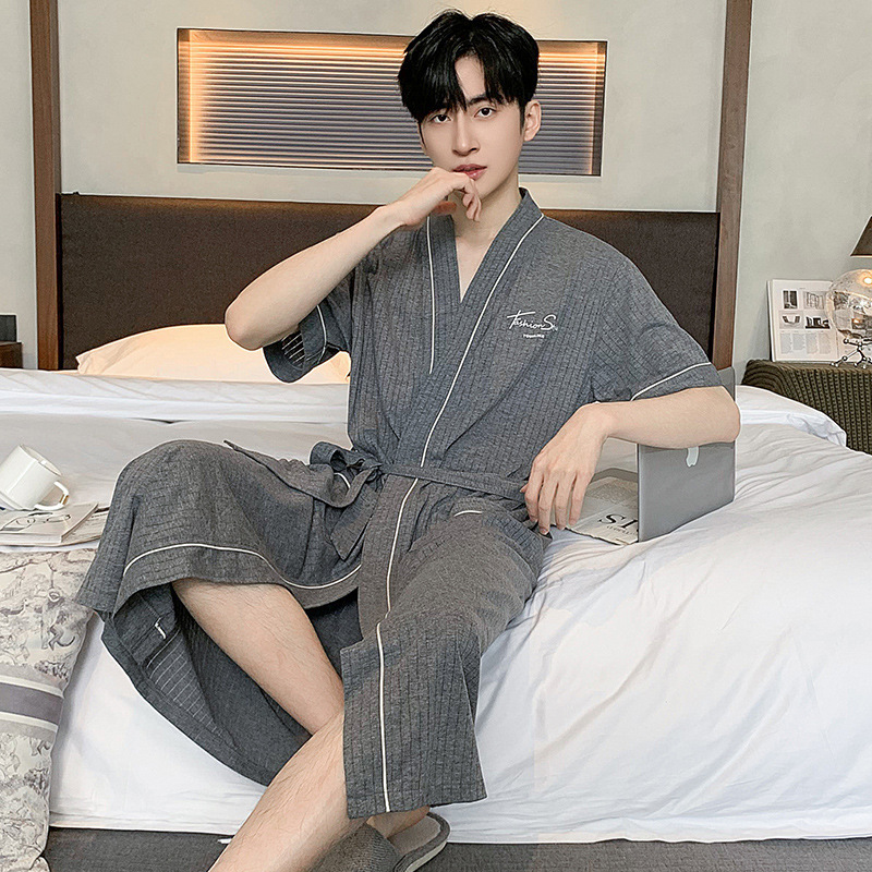 Pure Cotton Short-Sleeved Pajamas, Men's Robes, Men's All-In-One Nightgowns, Men's Plus Size Plus Size Youth Summer Bathrobes Pure Cotton Short-Sleeved Pajamas, Men's Robes, Men's All-In-One Nightgowns, Men's Plus Size Plus Size Youth Summer Bathrobes