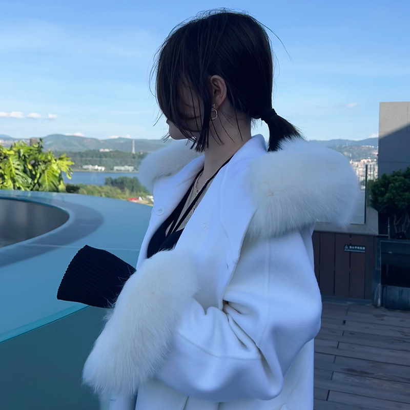 Double-sided elegant cashmere short woolen coat with hood