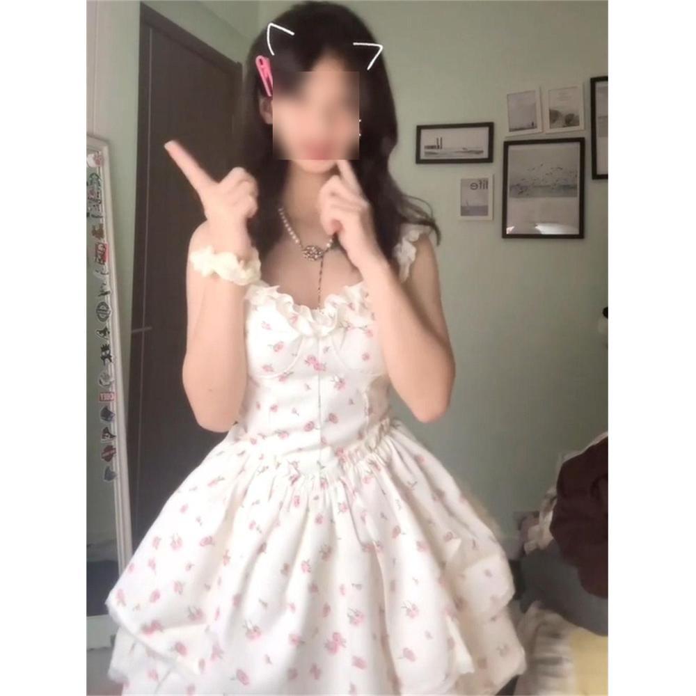 French Waist A-Line Floral Suspender Dress Summer Short Skirt High-End Charming Fairy Princess Skirt Tutu Skirt