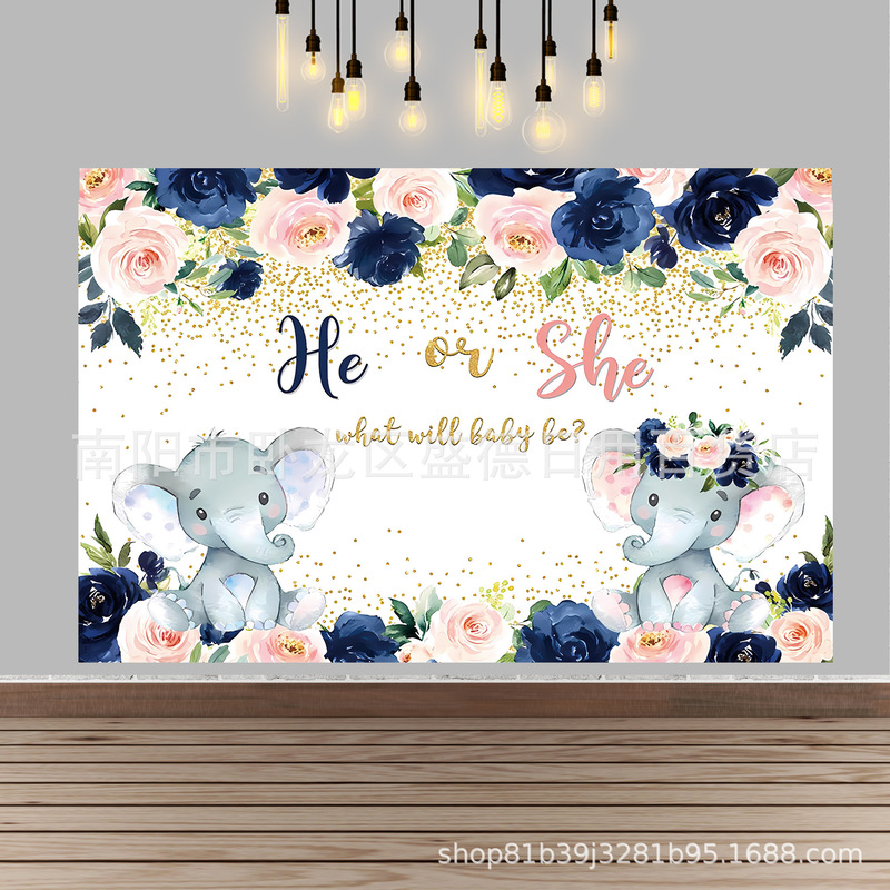 Cross-border Blue pink flower elephant gender reveal photo banner pregnancy reveal party decoration photography background cloth