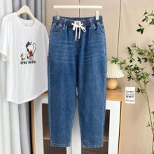 2025春季大码女简约抽绳松紧腰牛仔萝卜裤200斤胖MM哈伦长裤6649