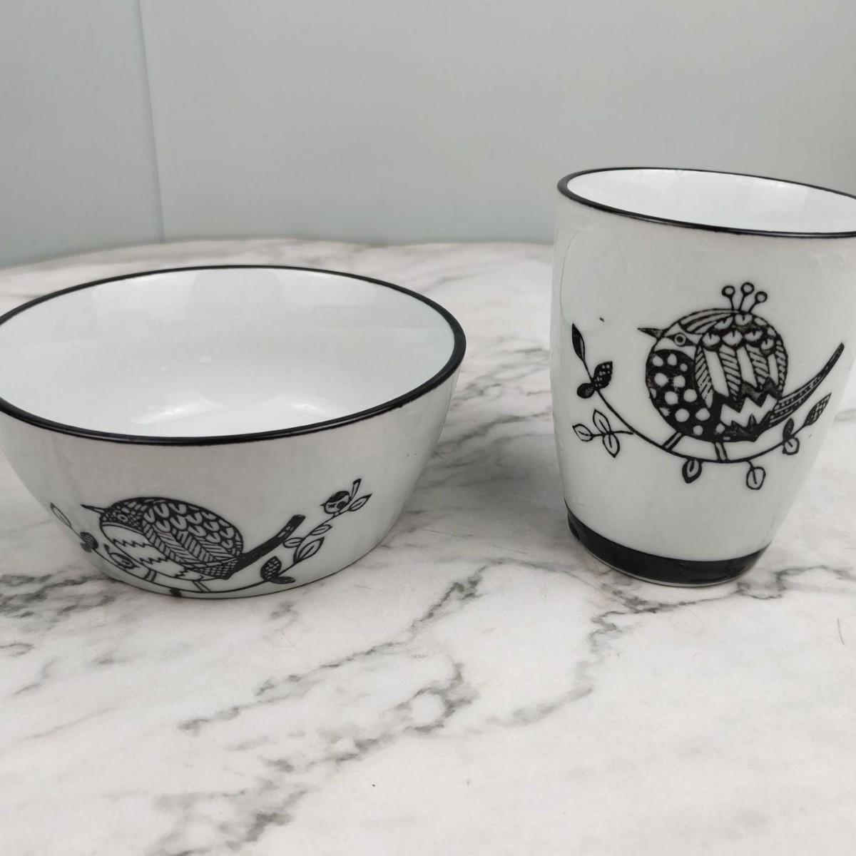 Ceramic bowls and cups with underglaze decoration, ceramic bowls and cups, water cups, dishwasher and microwave safe, rice bowls